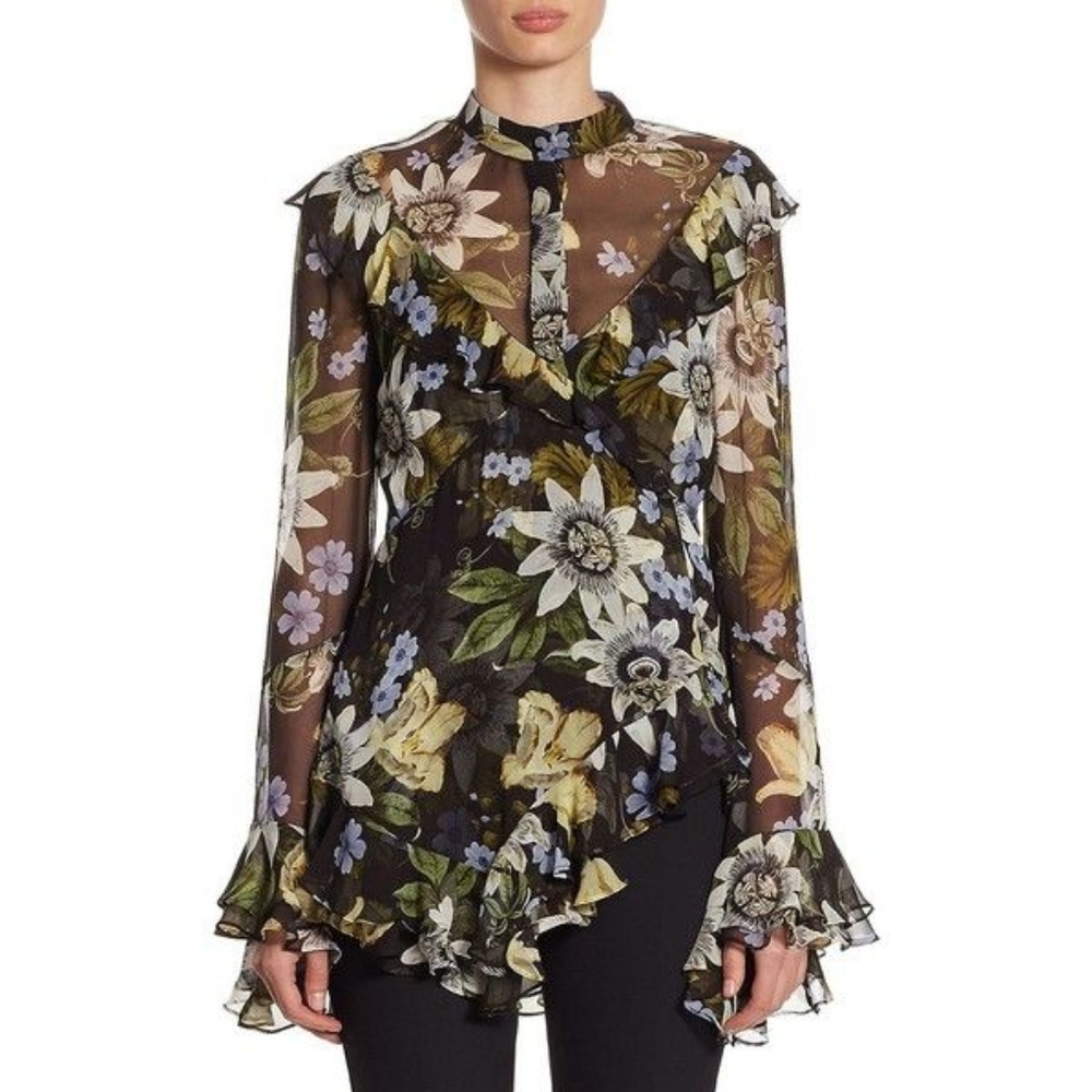 Erdem Wanda asymmetric ruffled floral-print silk-chiffon blouse